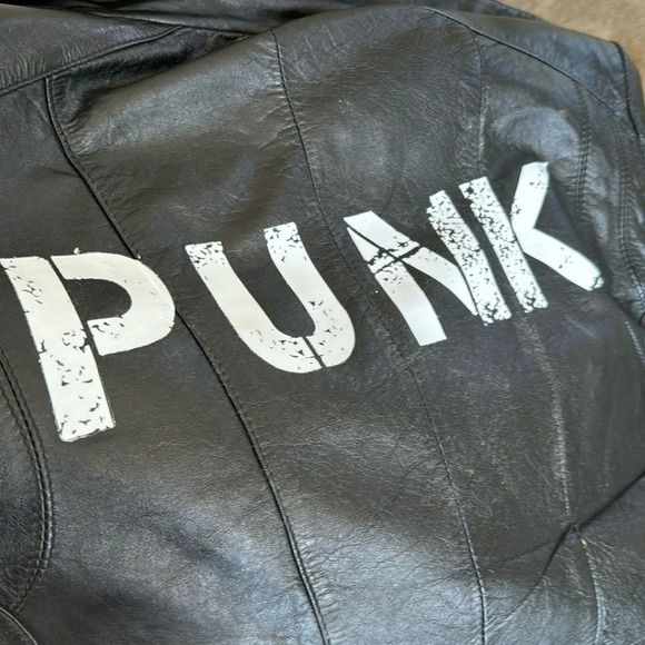 Custom upcycled Vintage black genuine leather motorcycle jacket w/ PUNK on back - Picture 2 of 10